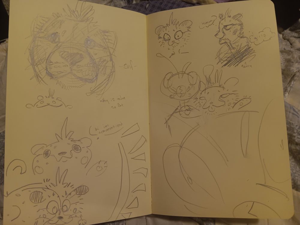 pencil sketches of ocs seònaid and jara in varied styles. first sketch is in a relatively realistic style. it's of seònaid with her nose close to the viewer. beside it, text says: '-snf-' and 'why is she so fat,' referencing the way that the fur in the drawing unintentionally looked like chubbiness.
in response, i then drew a squashed cartoon seònaid, very round and goofy.

aanother sketch has a cartoon seònaid waving at the viewer, saying: 'hi im traumatized.'

underneath is a simplified sketch of seònaid, peering downwards.

next page has a sketch of seònaid looking frazzled and weirdly skinny. 

the next has vir deviously looking to the left, thinking: 'hmm. girls...' that sketch has vir arms scribbled out. underneath, text reads: 'sorry' with an arrow pointed towards the sketch.


the next sketch has jara and seònaid standing next to each other. jara is very stiff and upright, while seònaid is squashed and has vir paws held out in enthusiasm.

final sketch is a very zoomed-in headshot of jara staring at the viewer that is cut off at the corner of the sketchbook.